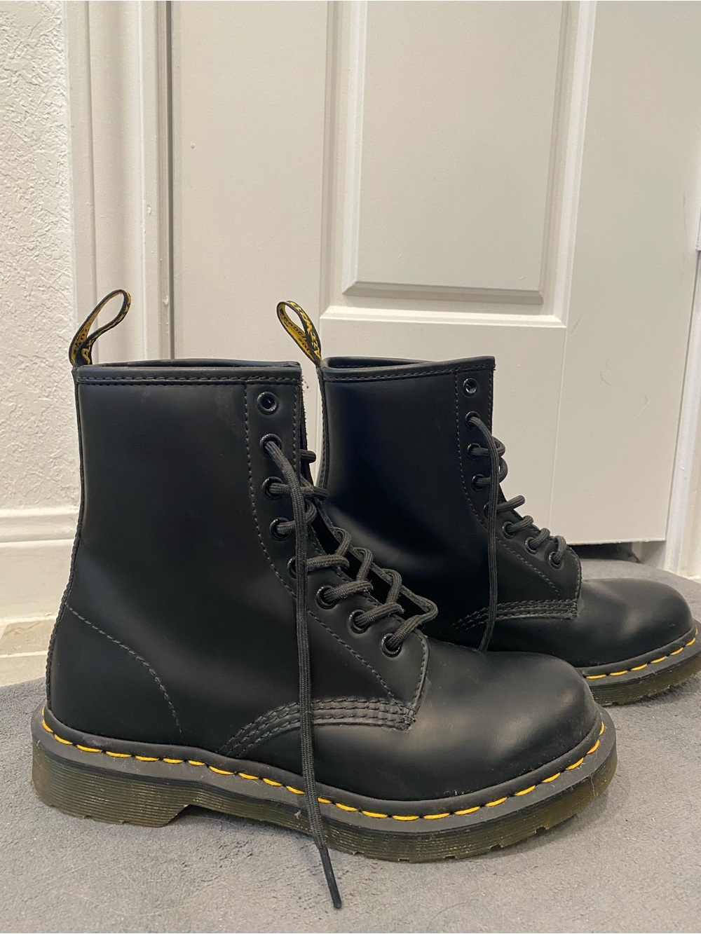 Dr. Martens Black Leather Lace-Up Boots with Yellow Stitching
